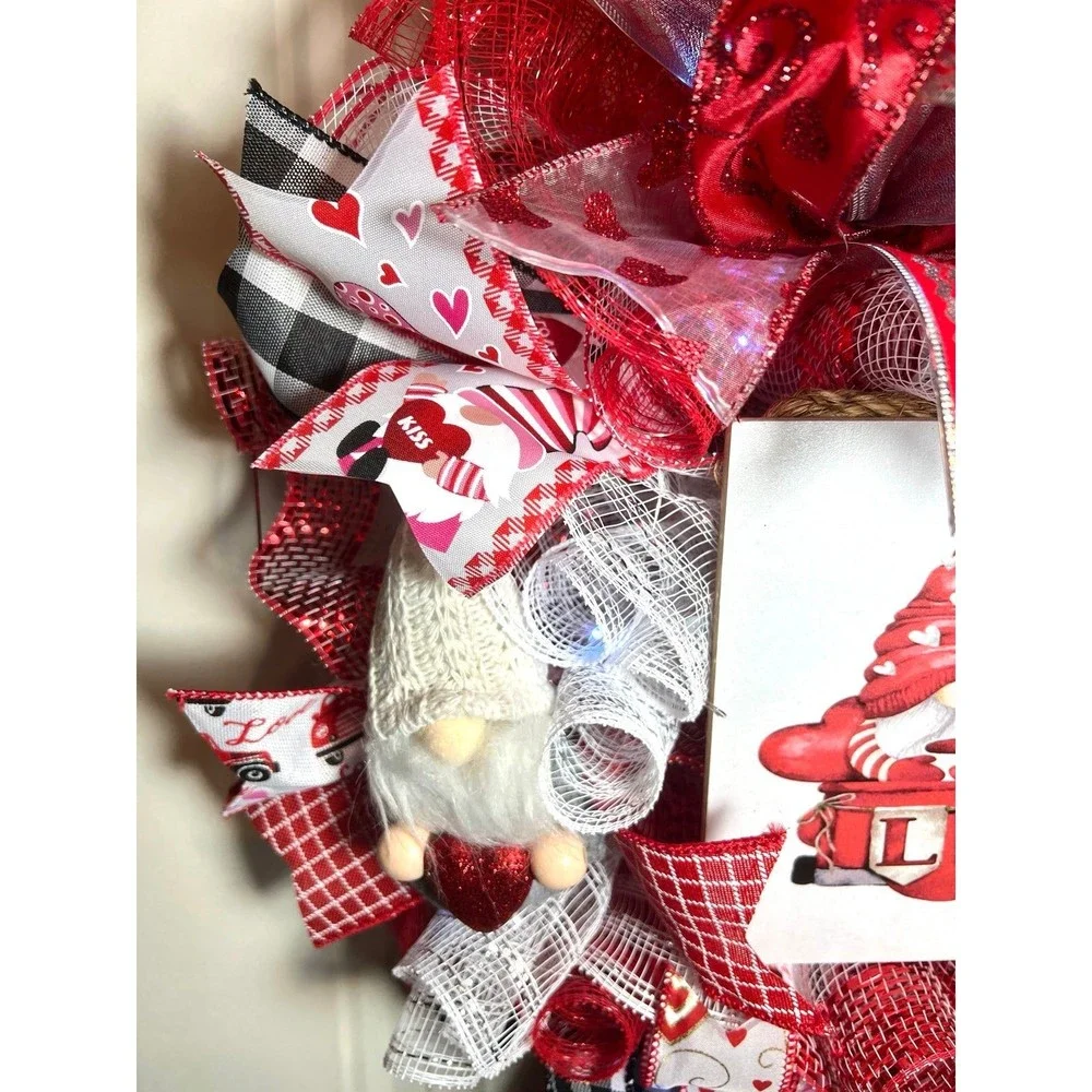 Handmade Valentine’s Gnome LOVE Truck Ribbon Prelit Wreath 22 ins LED W15